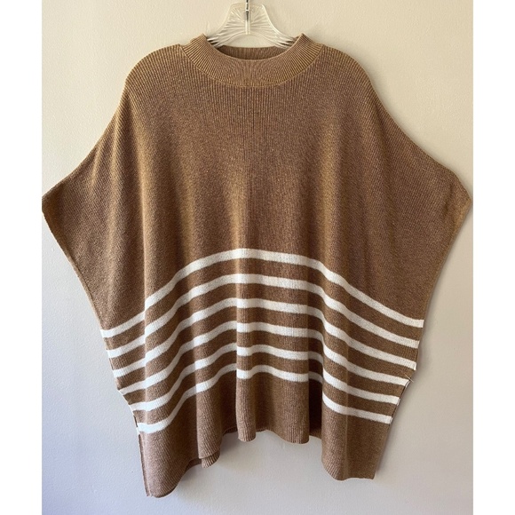 J.CREW One Size Tan White Mock Neck Poncho Stripe Pullover Sweater Kimono Sleeve - Picture 3 of 9